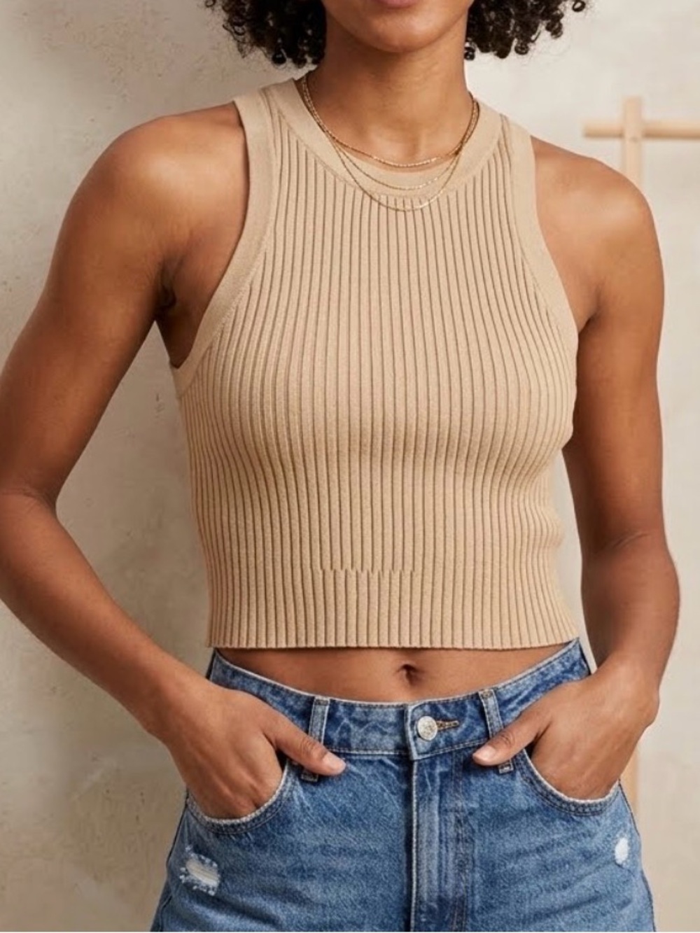 H&M-Divided Ribbed Sleeveless Knit Tank Crop Top - Beige